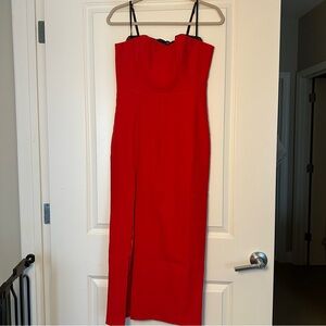 Red Strappy Dress with Lace and Side Slit